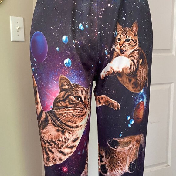 SPACE CATS Orange Cat Printed Slim Fit Jogger Lounge Sweat Pants *SMALL* - Picture 2 of 6